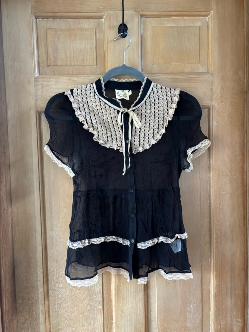 Vintage Beaubois 100% Silk Sheer Black Lace Babydoll Blouse S Romantic Y2K